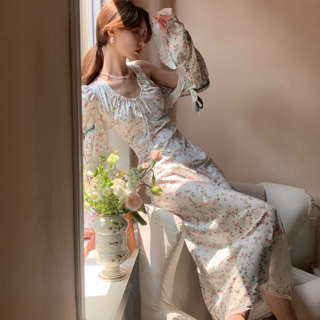 SourceWithU  小芳汀 南法风碎花吊带连衣裙公主袖撞色坎肩长裙夏