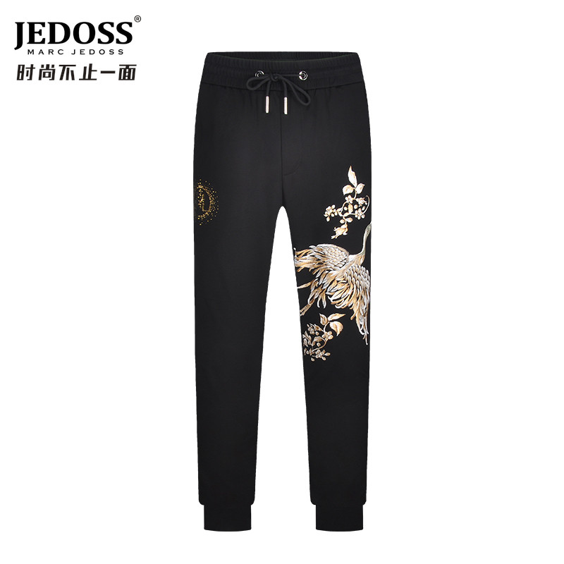 JEDOSS/爵迪斯轻奢夏季新款仙鹤烫金休闲针织裤修身九分裤潮032