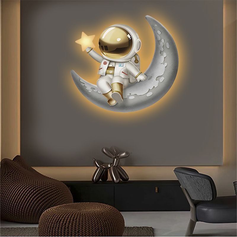 潮流太空宇航员精雕灯光画形象氛围灯光画儿童房卧室餐厅背景墙画