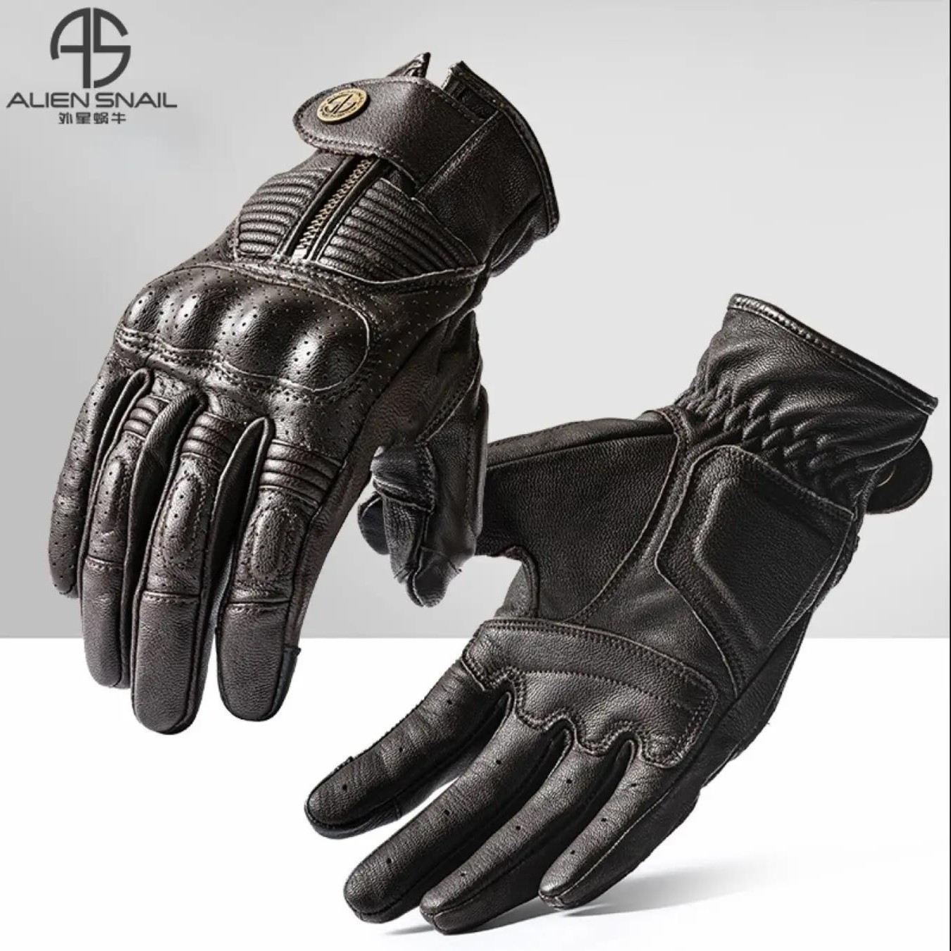 外星蜗牛新款V8机车复古羊皮触屏骑士手套防摔透气四季、男女适用