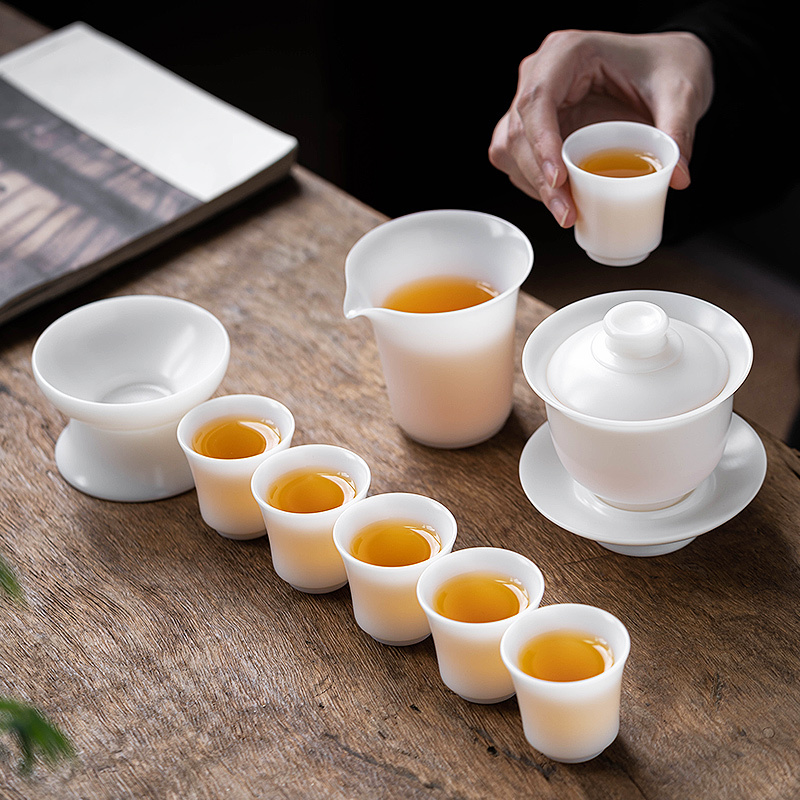 德化冰种玉瓷盖碗功夫茶具套装高端礼盒装陶瓷套组羊脂璞玉白瓷