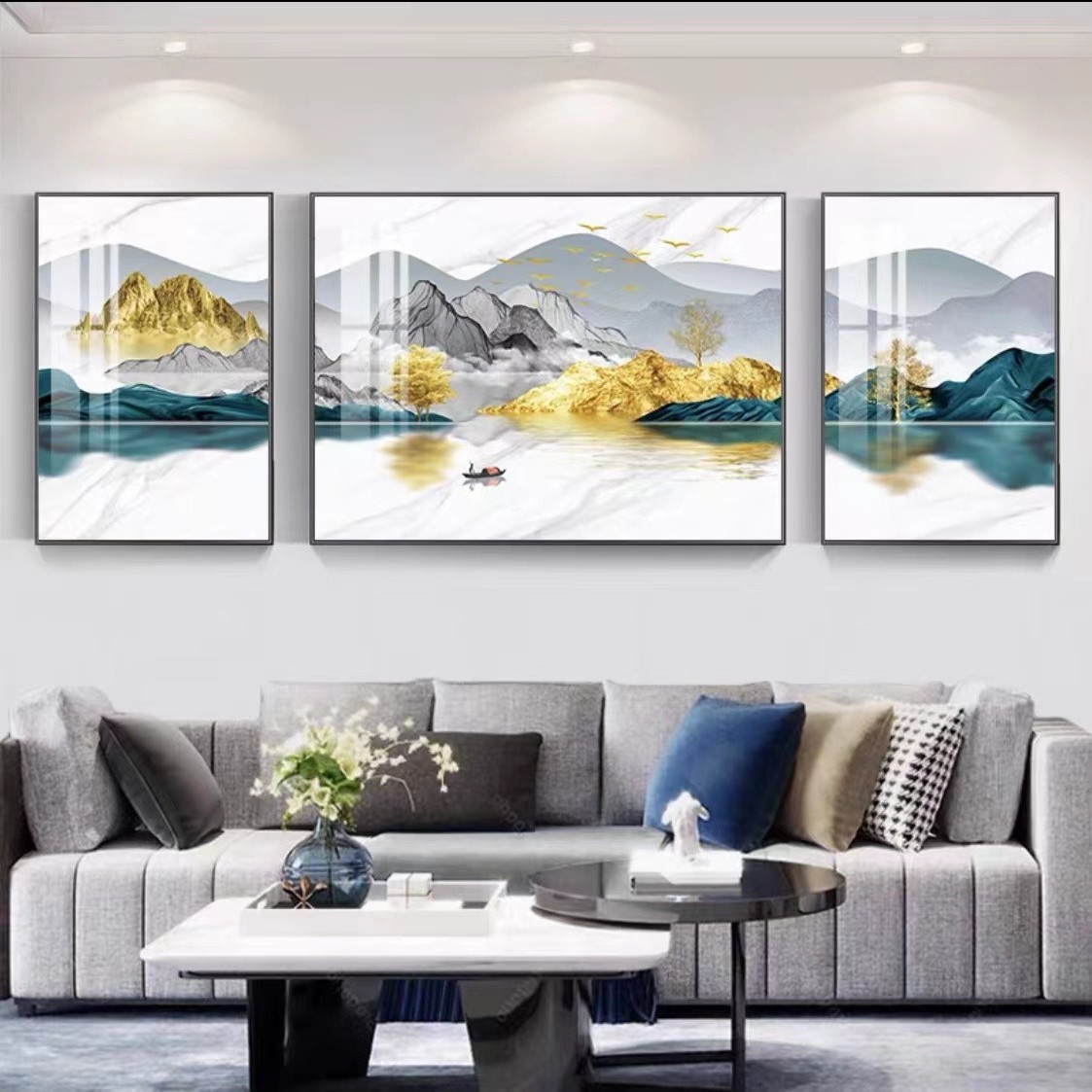 客厅沙发背景三联画《金山银川》【多款画面】镶钻晶瓷装饰画中式