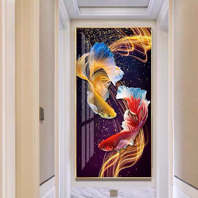 带灯玄关画【金红鲤鱼【多款画面选择】晶瓷镶钻铝合金边框画框