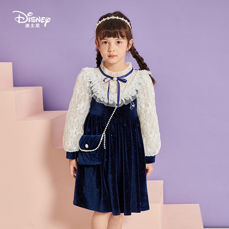 Disney/迪士尼新款春秋女童中儿童洋气卡通蕾丝时尚连衣裙公主裙