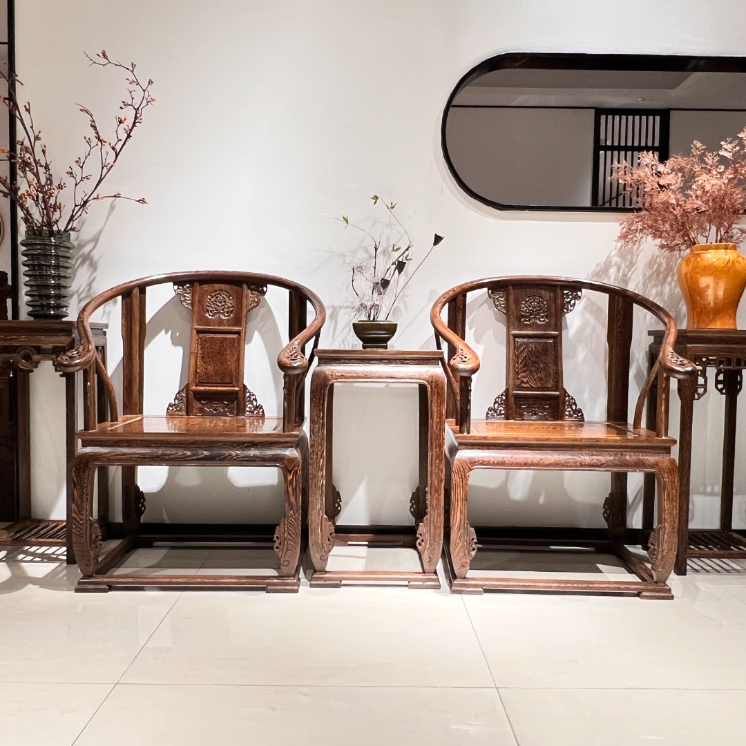 红木皇宫椅三件套鸡翅木圈椅三件套明式围椅太师椅靠背家用座椅