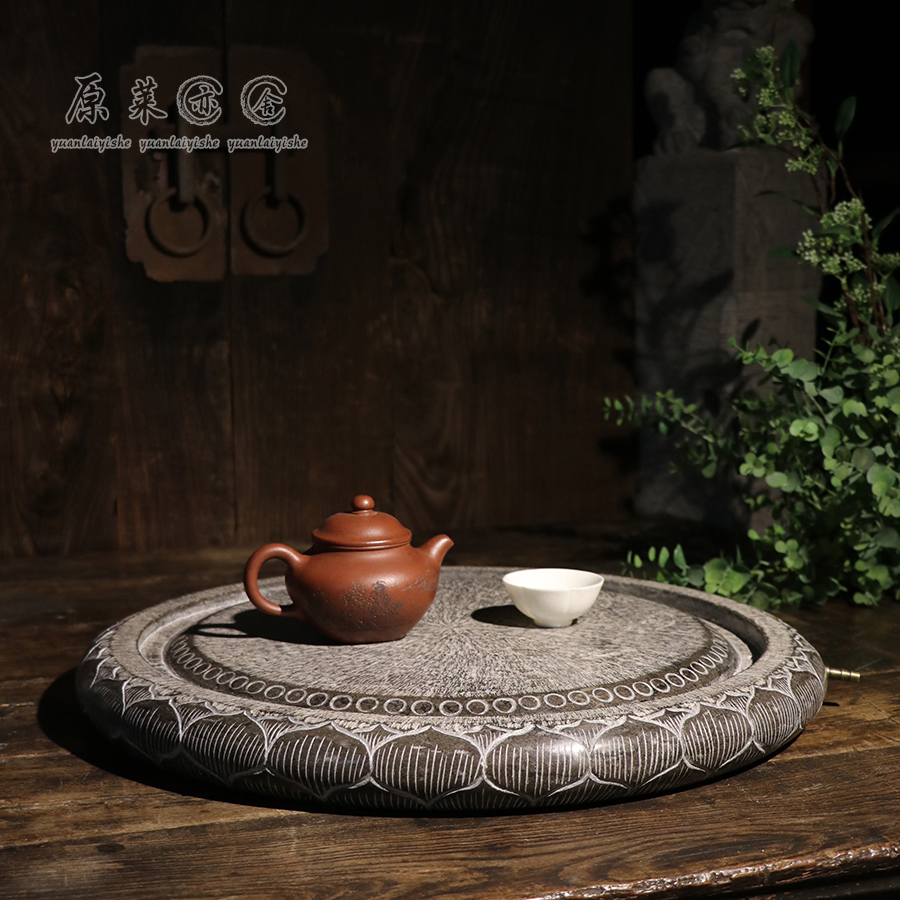 原莱亦舍全手工雕刻莲花茶台新中式仿古老青石茶盘石雕底座摆件