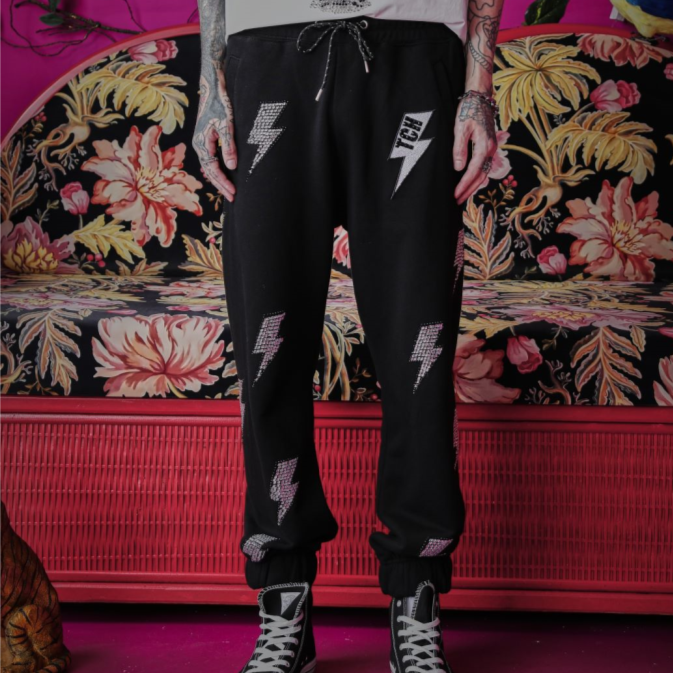 奥莱-TCH潮牌闪电烫钻潮流时尚休闲裤黑色卫裤男女同款T66B206112