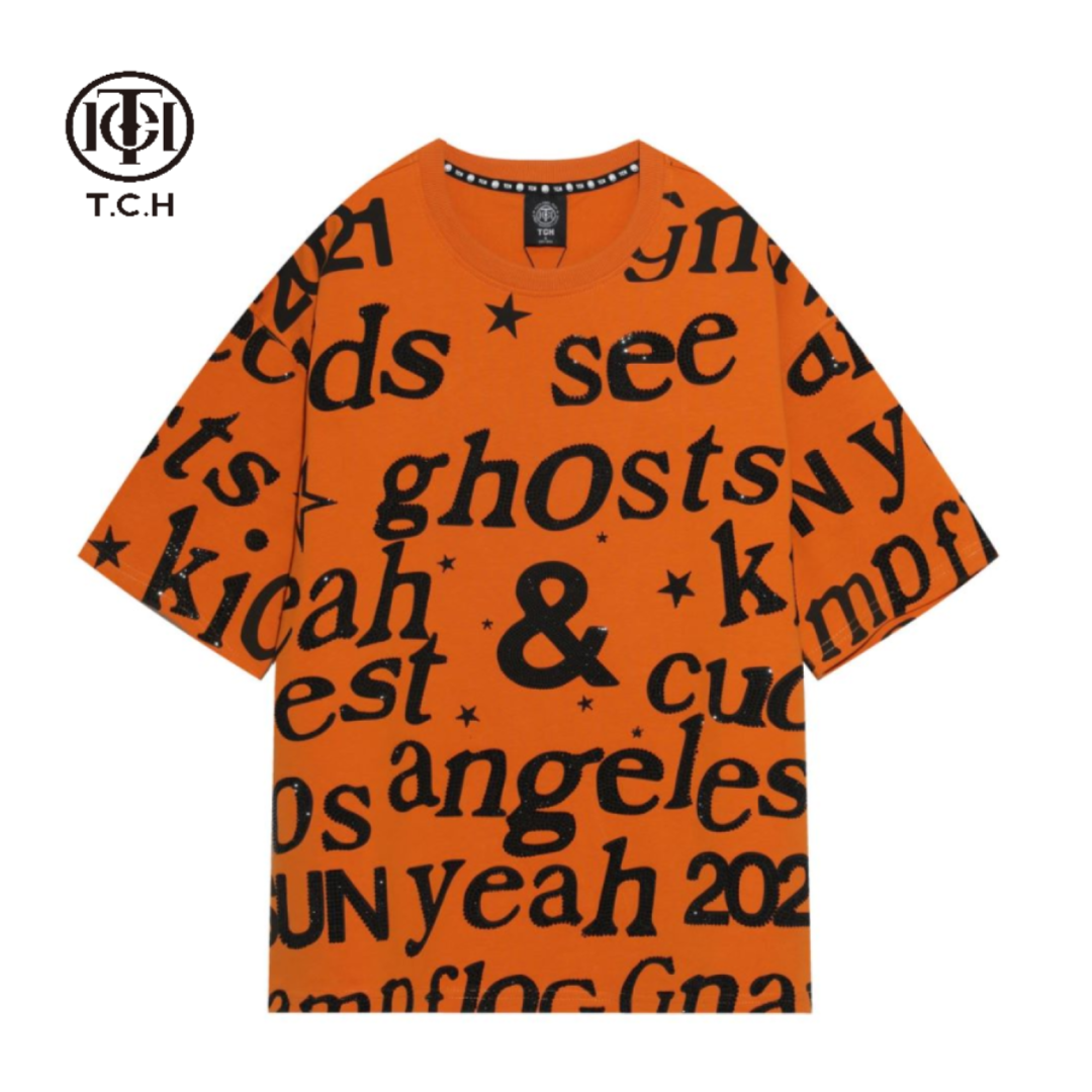 奥莱-TECHNO CHILLOUT HOUSE潮牌字母烫钻橙色短袖T恤T21110C6042