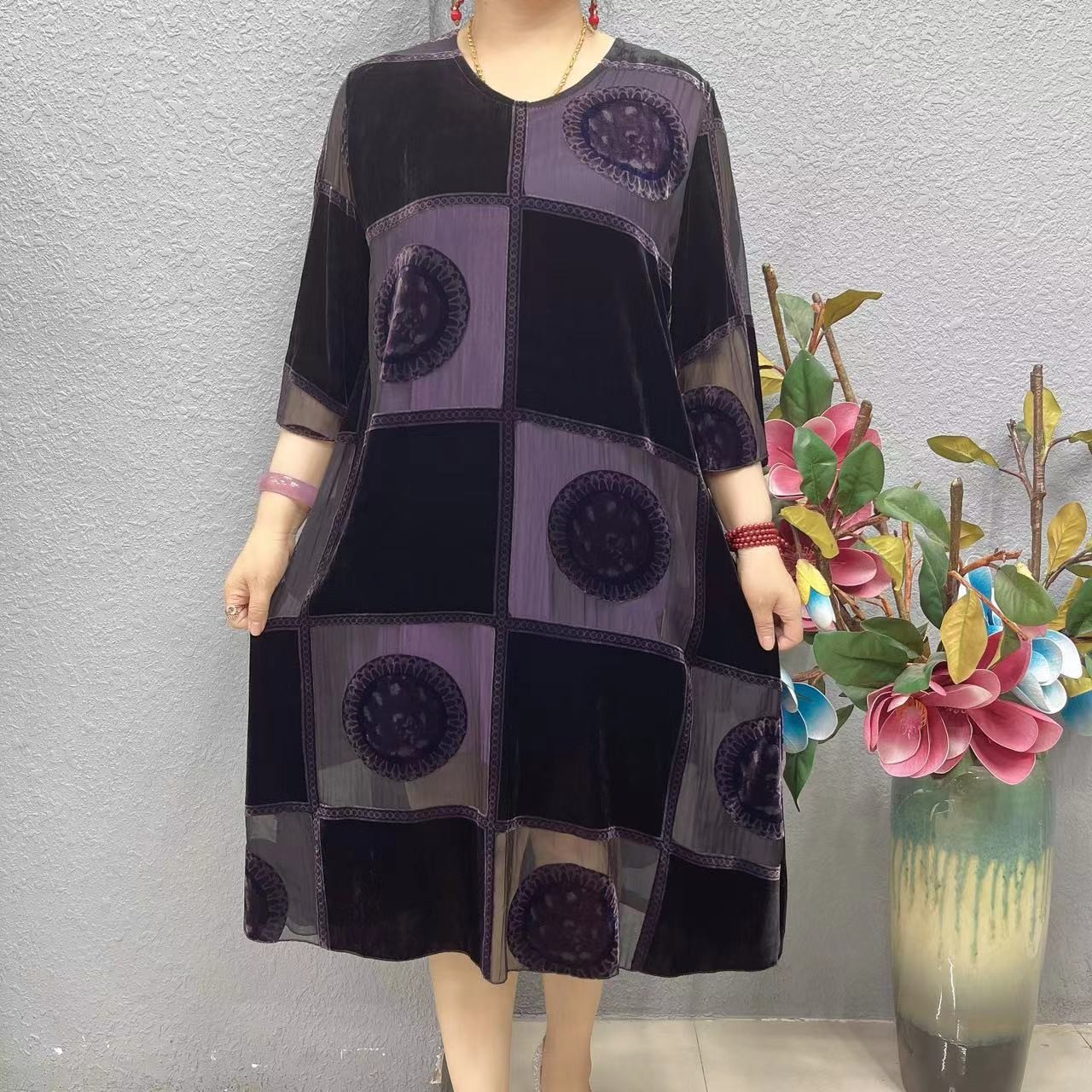 P1-8828长款紫格子桑蚕丝连衣裙