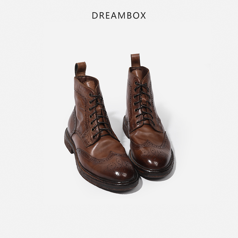 dreambox钧博棕色英伦马丁靴女手工固特异胎牛皮布洛克真皮底皮靴