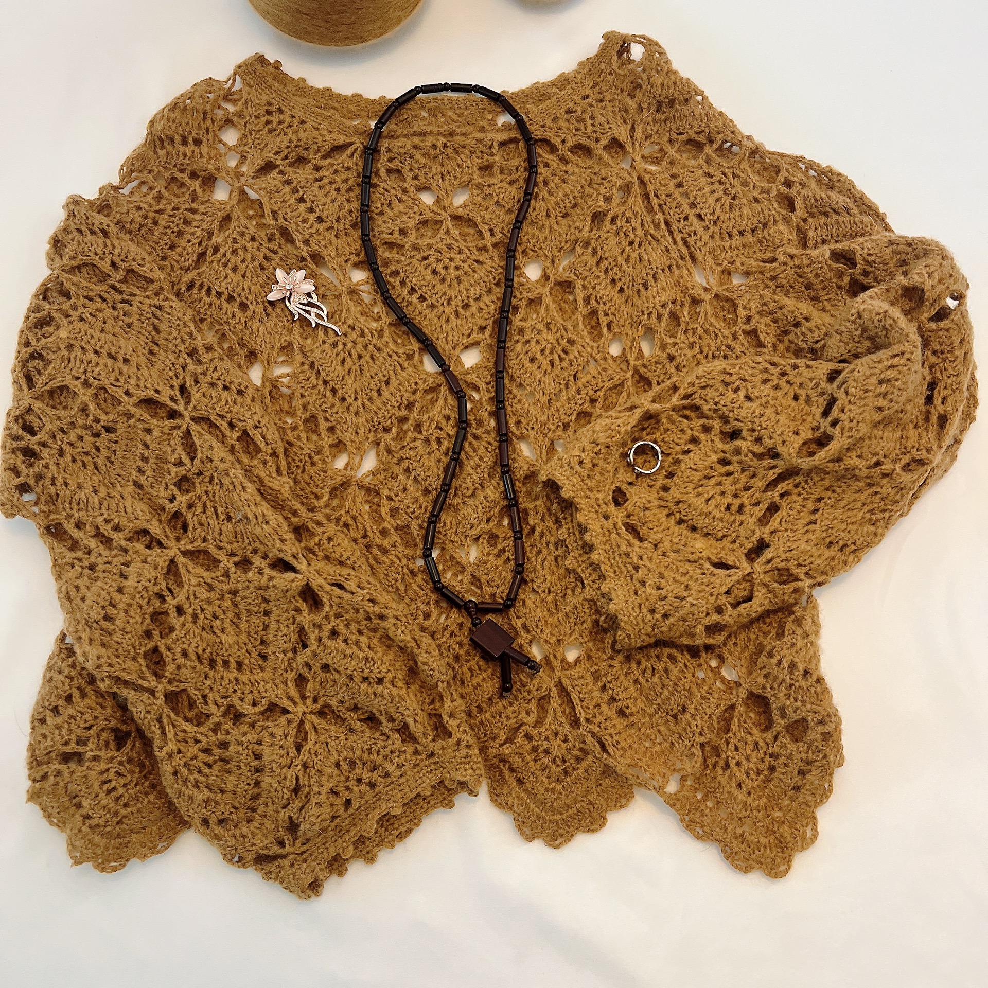 祖母方格拼接马海毛秋冬冬季休闲韩版毛衣针织上衣镂空咖色百搭