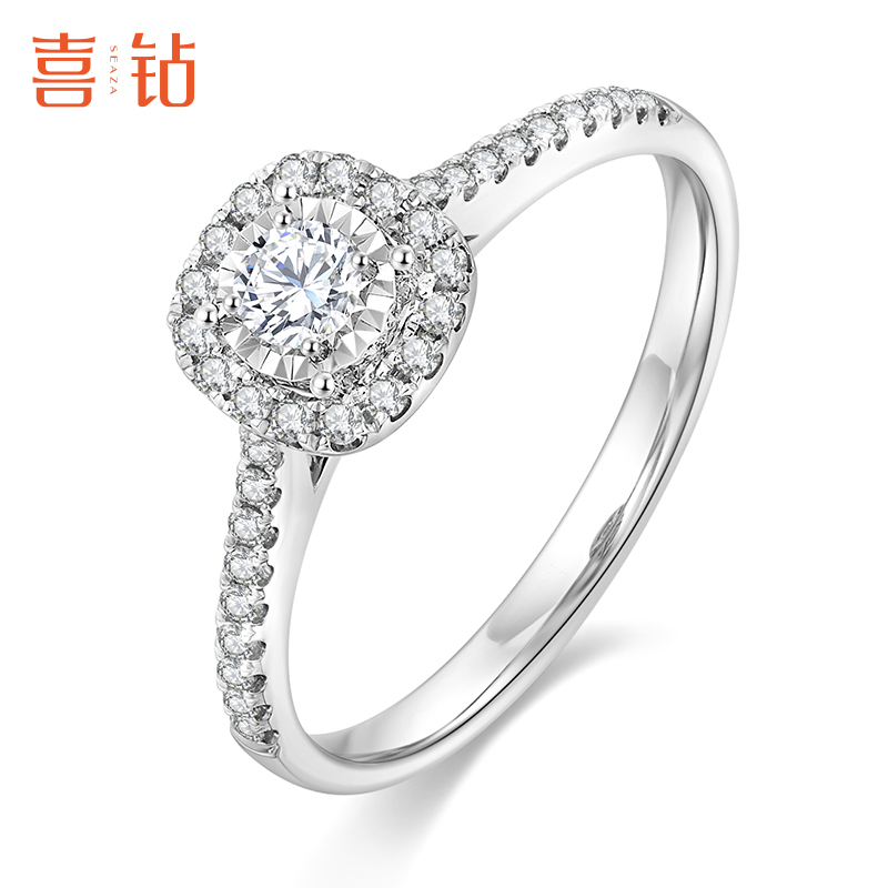 喜钻官方旗舰店 方包围镶车花白18K金钻石戒指求婚钻戒 R18124C