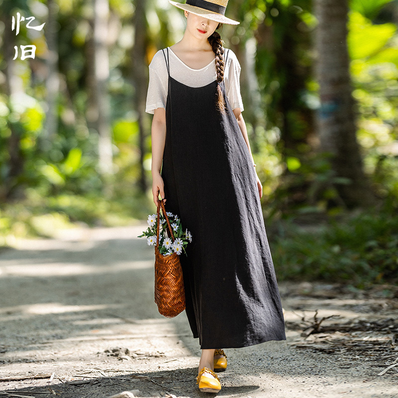 忆旧现货122【墨舞】吊带连衣裙女夏季新款亚麻长裙高级感黑色裙子