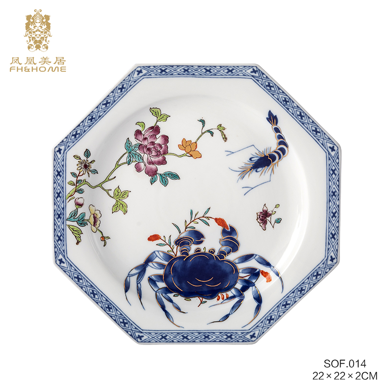 FH&HOME/凤凰美居现代欧式奢华铜配陶瓷手绘碟子盘子家用装饰摆件