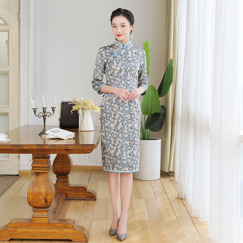 徐永良 52065 重磅桑蚕丝中国风旗袍正宗复古印花修身中长款春夏