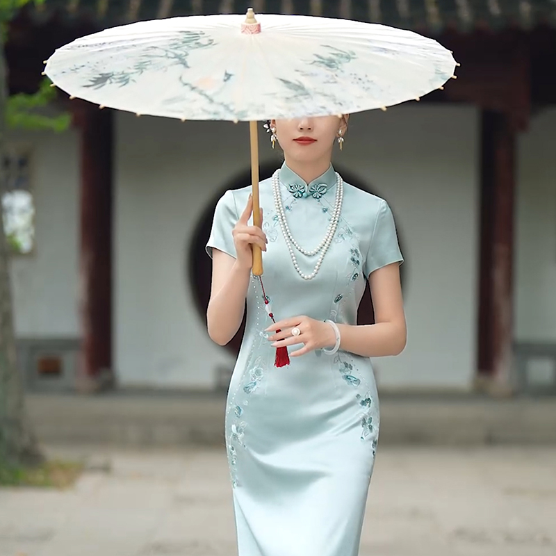 【徐永良】50352 夏季醋酸绣花中国风旗袍短袖长款高端气质民国优雅