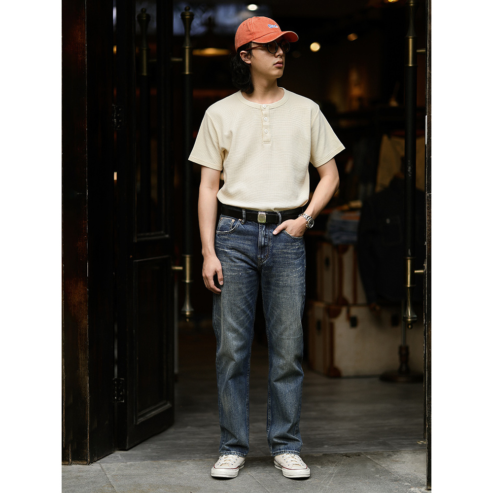 高端复古工艺水洗宽松直筒牛仔裤MBBCAR窄幅阿美咔叽赤耳丹宁长裤