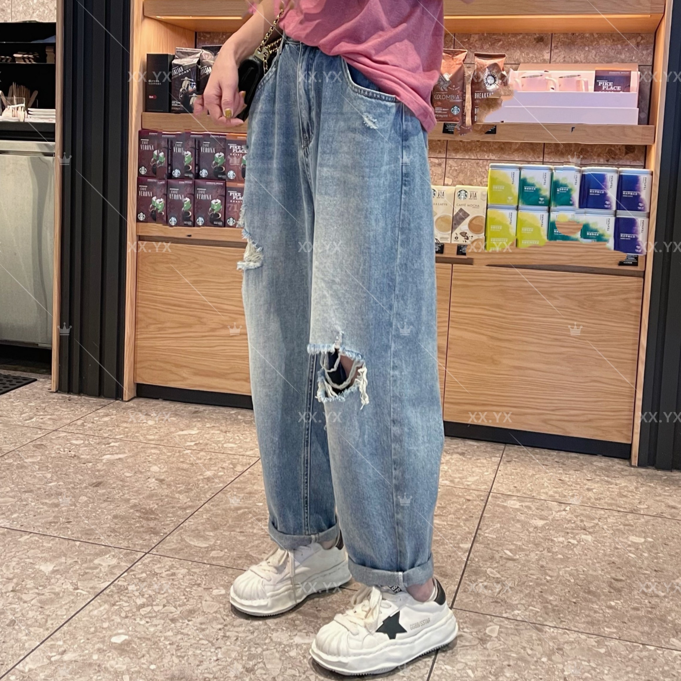 XX.YX夏季新品薄料韩版后腰松紧休闲洗水软牛仔老爹裤26635