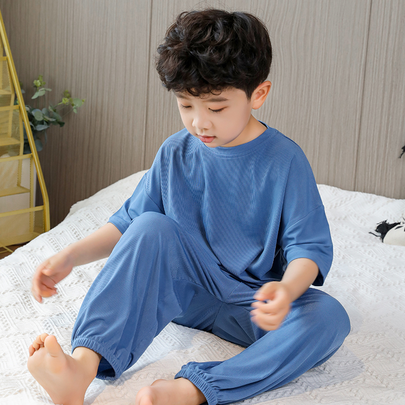 夏款儿童短袖套装冰丝纯色家居服小男孩睡衣宝宝套装短袖长裤女童
