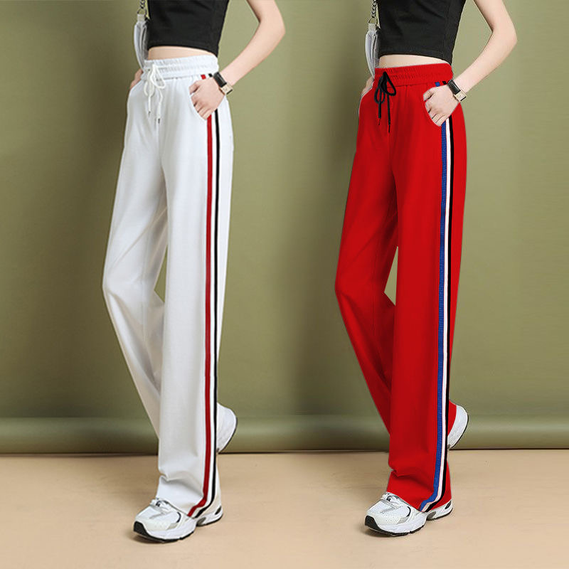 阔腿裤女春秋款高腰条纹直筒裤秋冬加绒窄版休闲运动广场舞蹈裤子