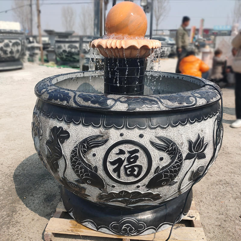 石雕转球鱼缸石槽福字鱼荷花水缸养鱼池家居庭院公园石缸水槽摆件
