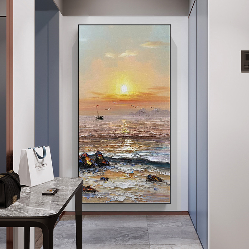 装饰画入户玄关手绘油画竖版墙上走廊过道海上日出大幅挂画轻奢画