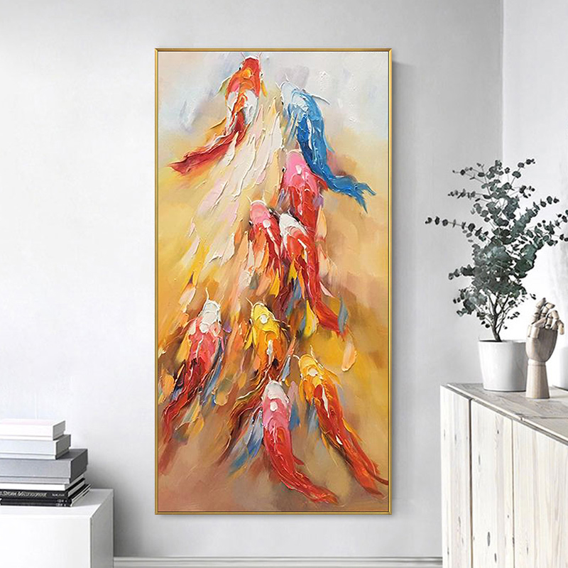 手绘油画现代轻奢入户玄关装饰画走廊过道抽象挂画客厅九鱼落地画