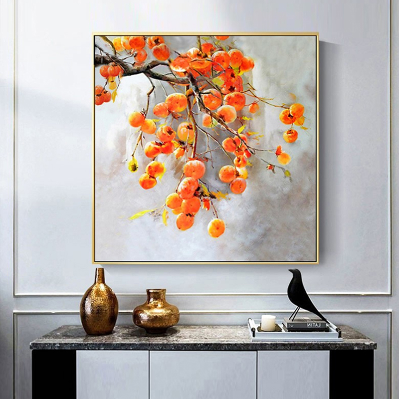 事事如意轻奢餐厅装饰画柿子油画玄关简约客厅挂画新中式壁画手绘