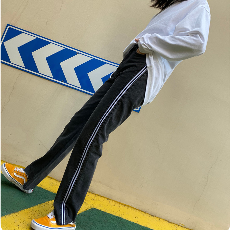 175加长女裤高个子2022春季新款运动边条加长直筒牛仔裤宽松显瘦