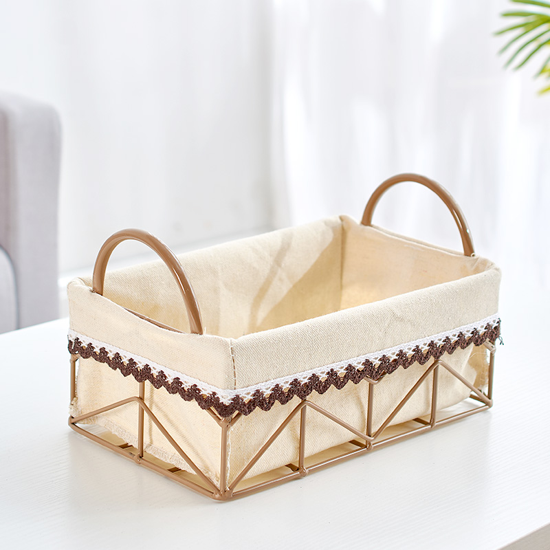 收纳篮铁艺北欧风布艺化妆品收纳筐桌面整理金属储物箱零食收纳箱