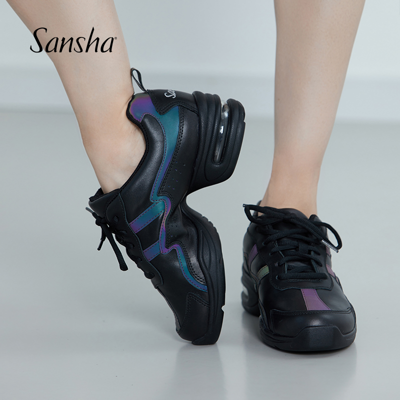 Sansha/三沙现代舞鞋女士爵士舞软底中跟透气皮面广场舞鞋H190910