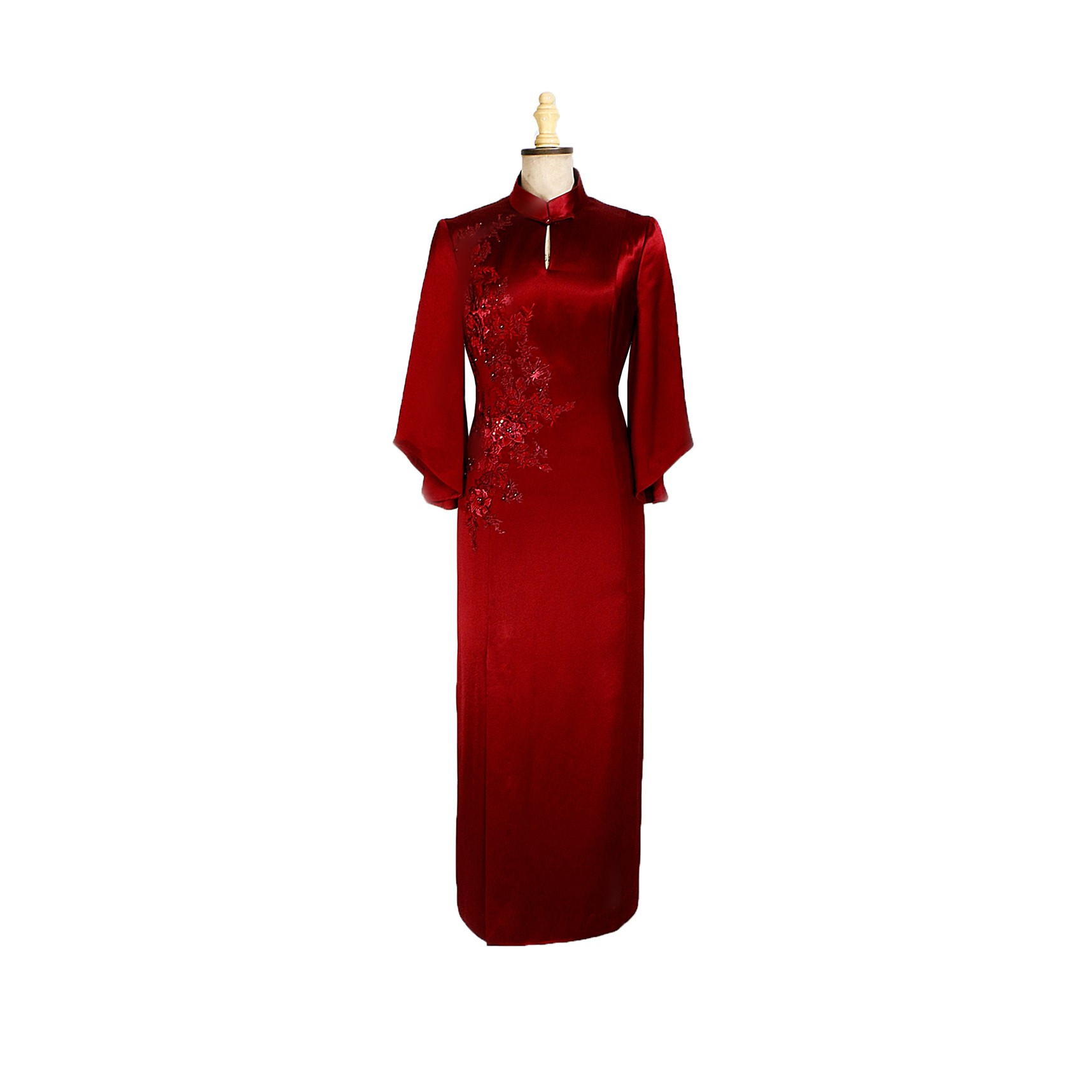 原创喜妈妈酒红色立体刺绣前侧开叉喇叭袖旗袍礼服定制1002