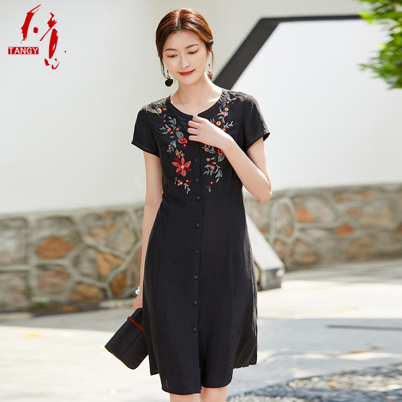 TANGY/天意夏季新品香云纱圆领刺绣莨绸修身国风女连衣裙W212804