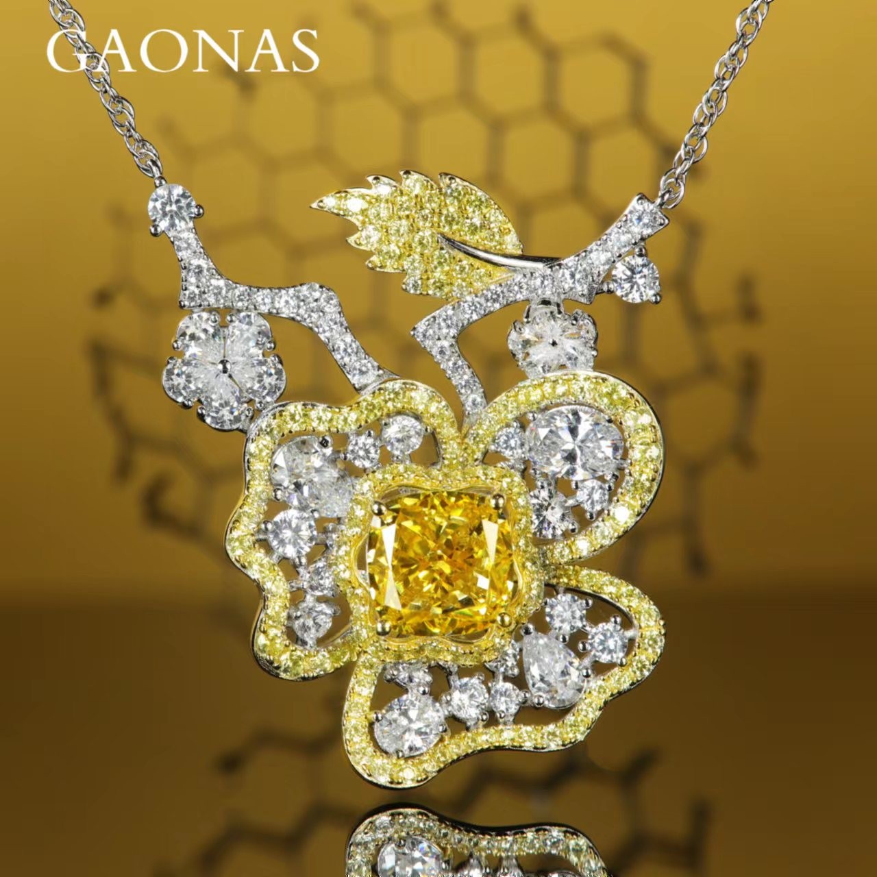GAONAS 坠链均925银合成锆石 高纳仕异形 黄色花朵项链 YX62600