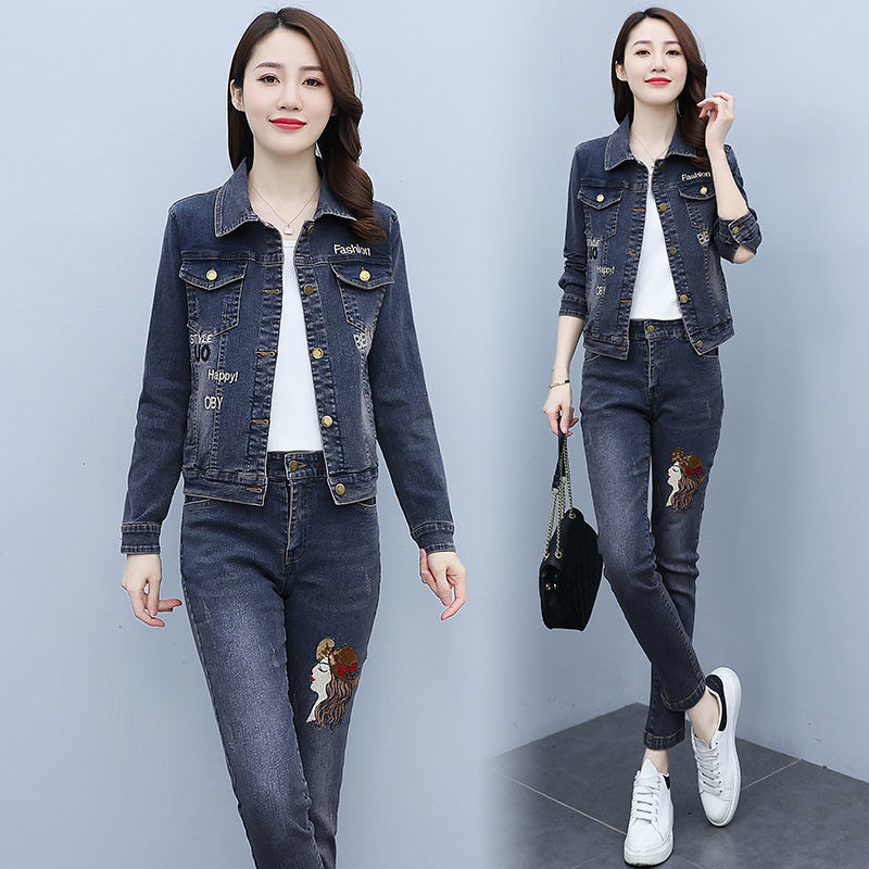 弹力牛仔套装裤女2025新款春秋刺绣修身显瘦短盐系显瘦牛仔裤套装