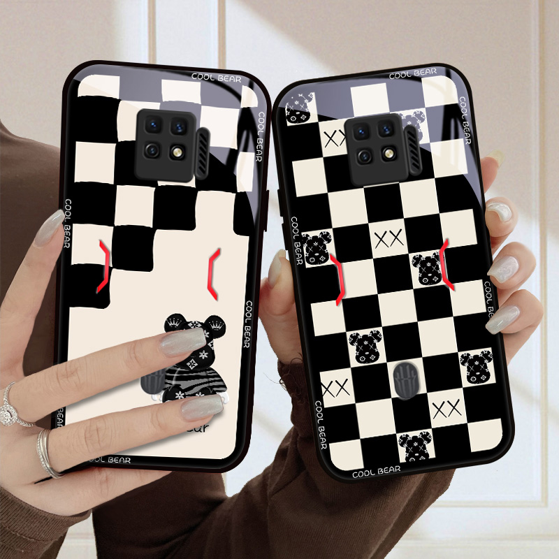 红魔7pro手机壳棋格潮熊努比亚红魔7玻璃质感女款高级全包硅胶防