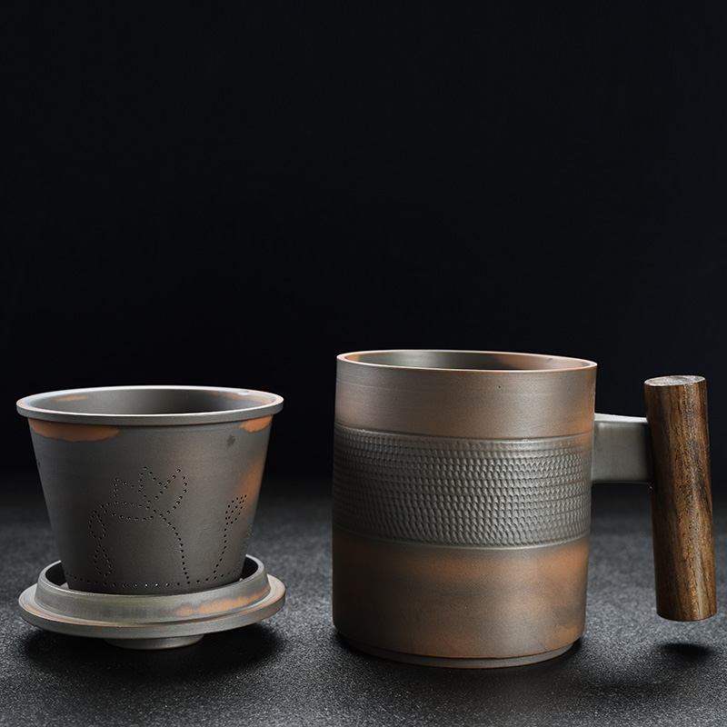 紫陶大容量办公室茶杯中式复古带盖过滤泡茶杯陶瓷茶水分离马克杯