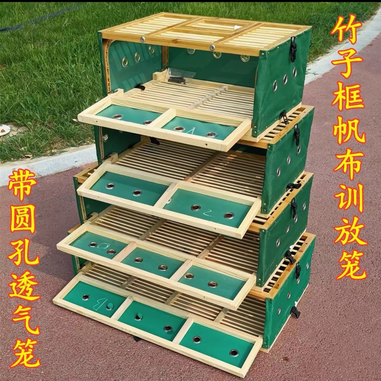 信鸽用品竹木军绿圆孔放飞笼训放笼比赛笼折叠赛鸽笼竹子