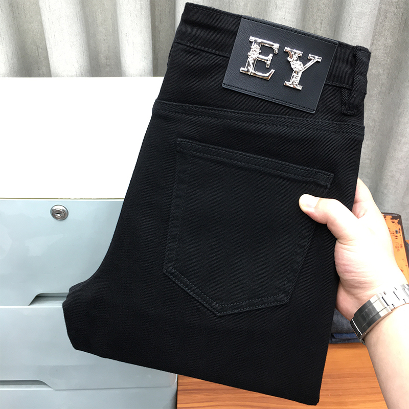 黑色牛仔裤男士秋冬款欧货韩版修身小脚长裤九分裤宽松休闲直筒裤