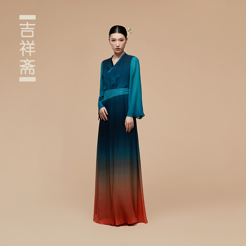 吉祥斋汉唐女装桑蚕丝大袖青裳水月系带连衣裙中式翩翩广袖礼服