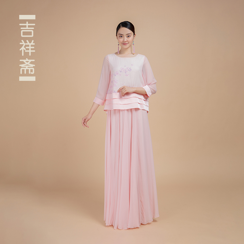 吉祥斋花菲花长裙桑蚕丝圆领宽松气质中国风礼服演出服民族风