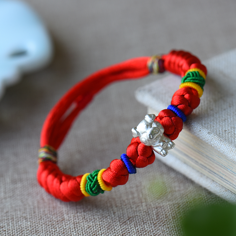 足银布艺手链 银十二生肖兔本命年红绳马年编织男女情侣礼物