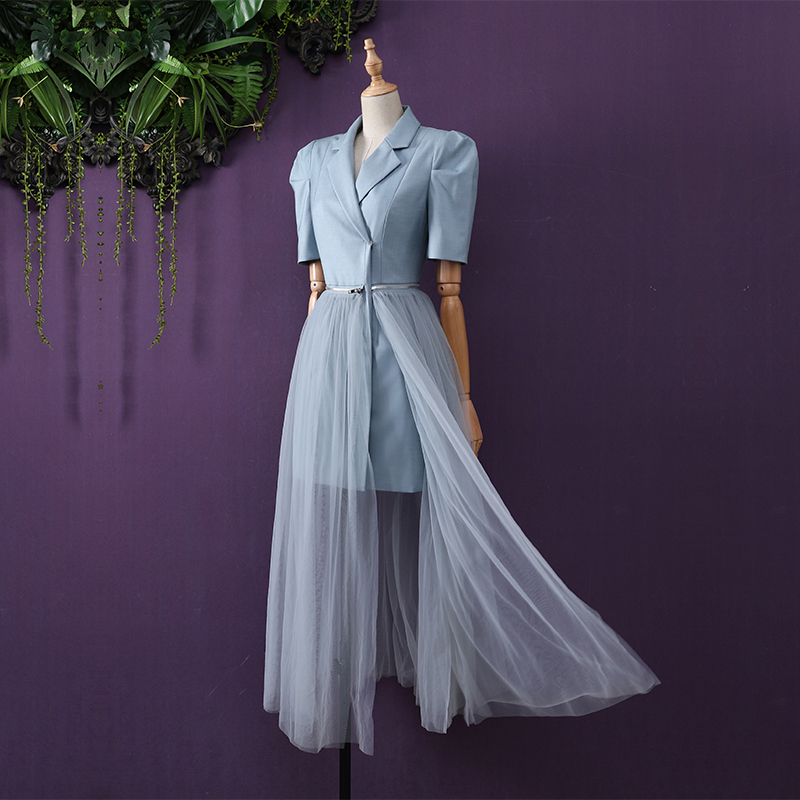 欧美风名媛气质修身显瘦网纱拼接收腰开叉泡泡袖短袖西装连衣裙女