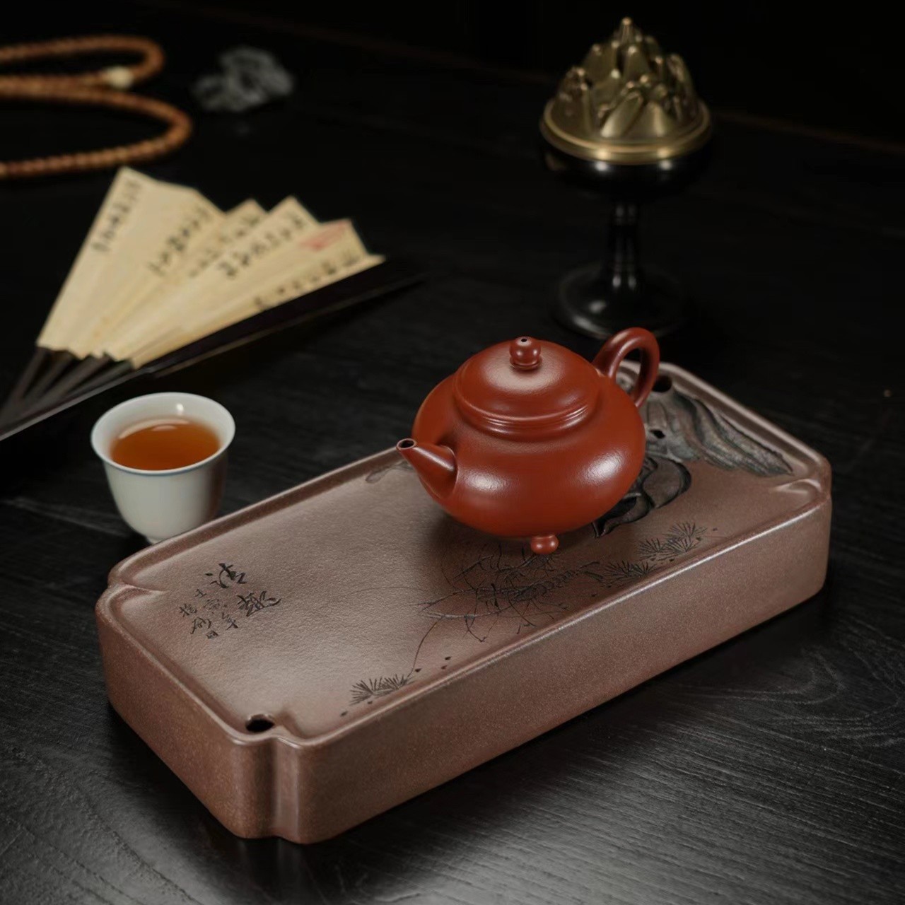 宜兴紫砂茶盘干泡台壶承储水式全手工刻绘镂空茶具