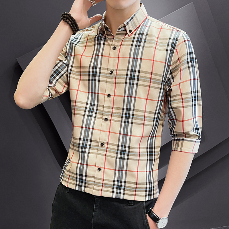 【多伦威鞋服店】男士春季新款格子七分袖衬衫