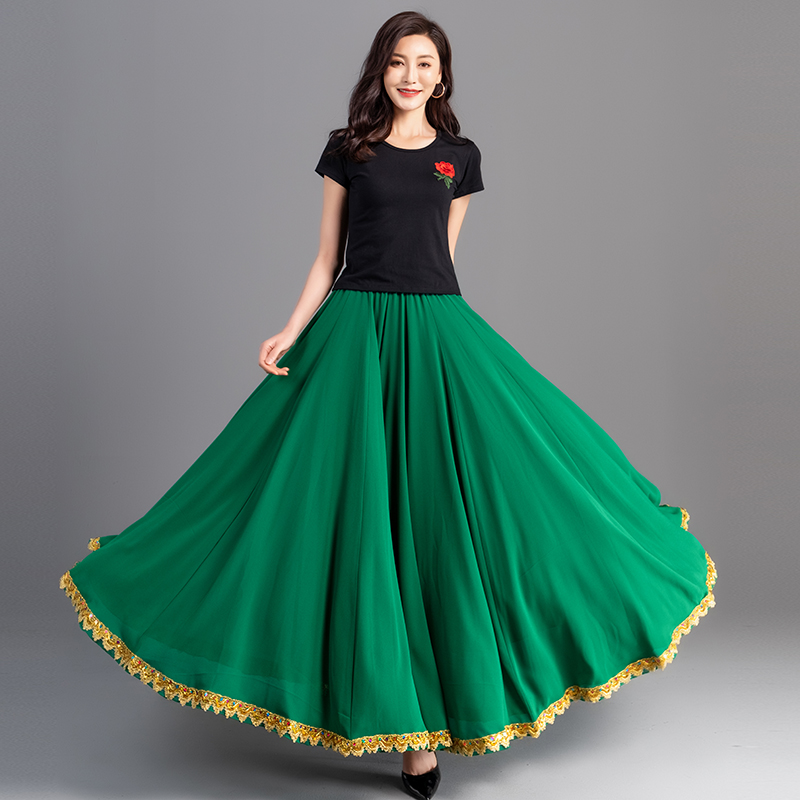 5.10 蕗依夏720度半身裙a字裙长裙中腰大摆雪纺金边民族舞蹈裙