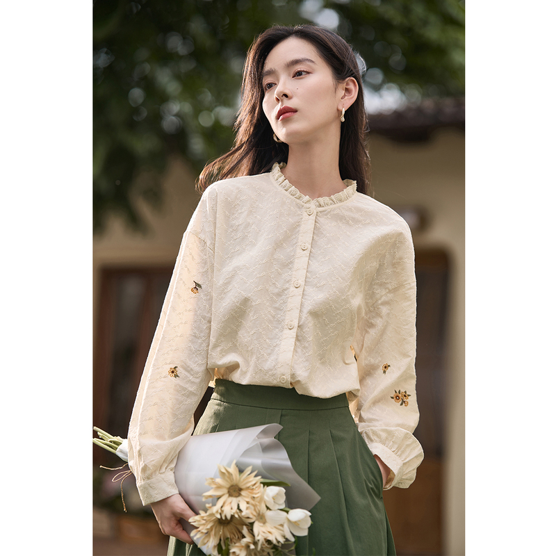 【太阳花女神】茵曼春季法式时尚复古木耳花边系带新疆棉休闲衬衫女