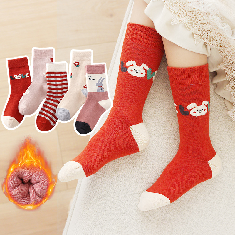 5双高筒毛圈袜加厚六指鼠保暖女童中筒儿童棉袜冬季女孩长筒袜子