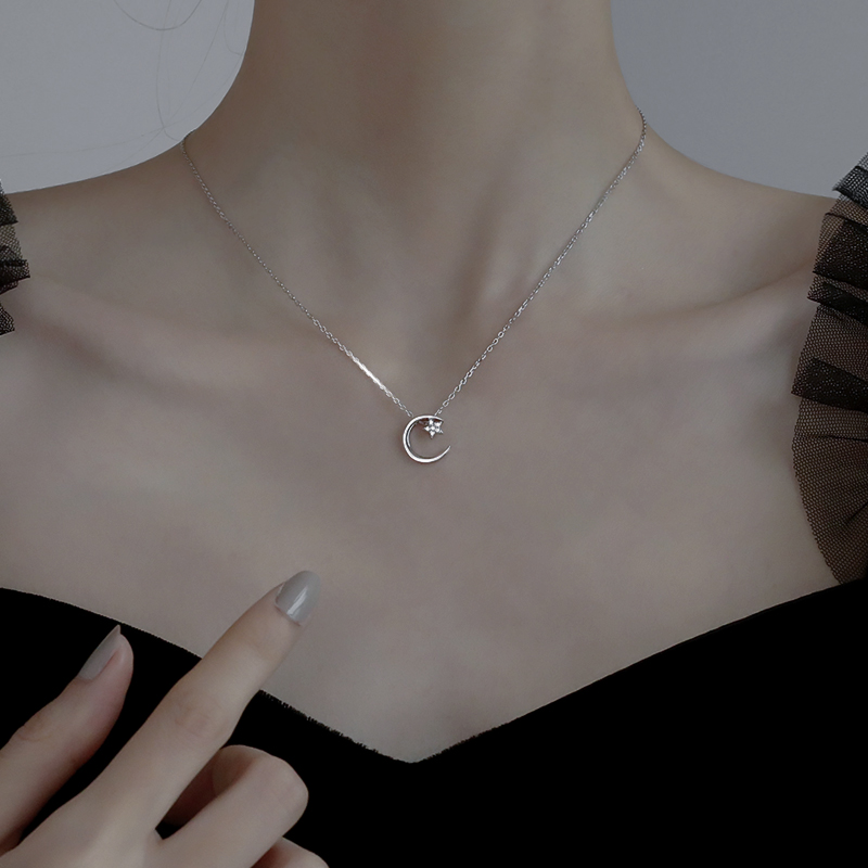 坠链均925银合成锆石   925纯银星月项链女夏小众设计感ins锁骨链