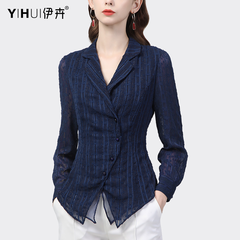 YIHUI伊卉春季新品雪纺衫衬衫长袖女西装领衬衣修身上衣SF19971